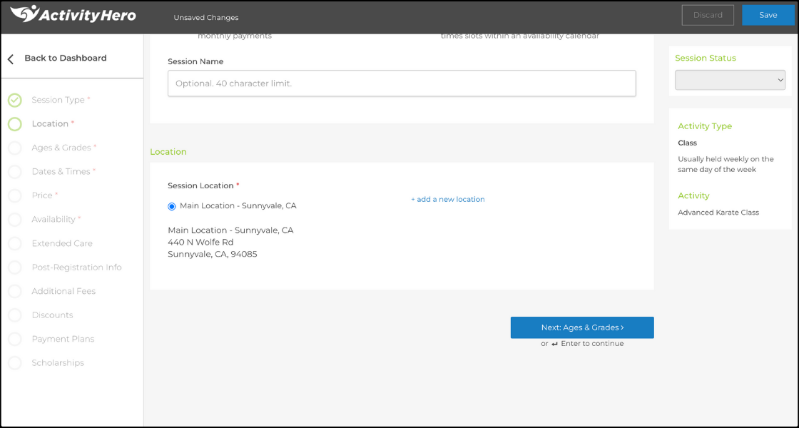 Location step with a session location selected and + add a new location