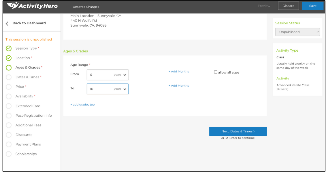 Ages & Grades step with an age range set and + add grades too