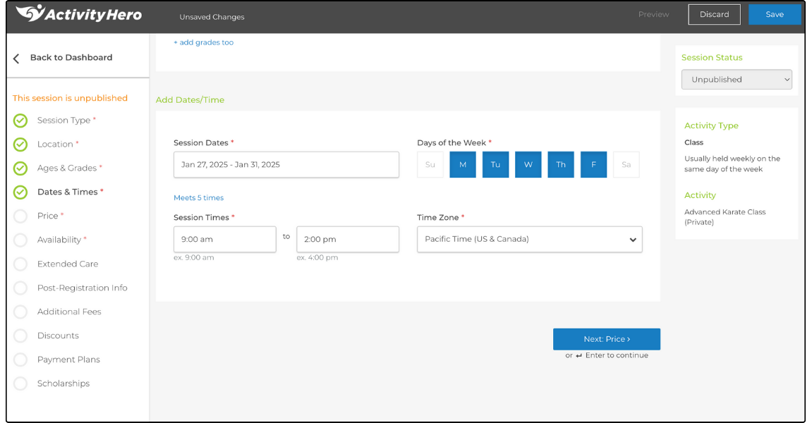 Add Dates/Time step with Session Dates, Days of the Week, Session Times, and Time Zone