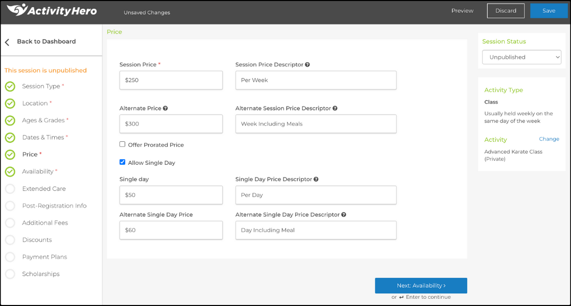 Price step with session, alternate, and single day prices and their descriptors