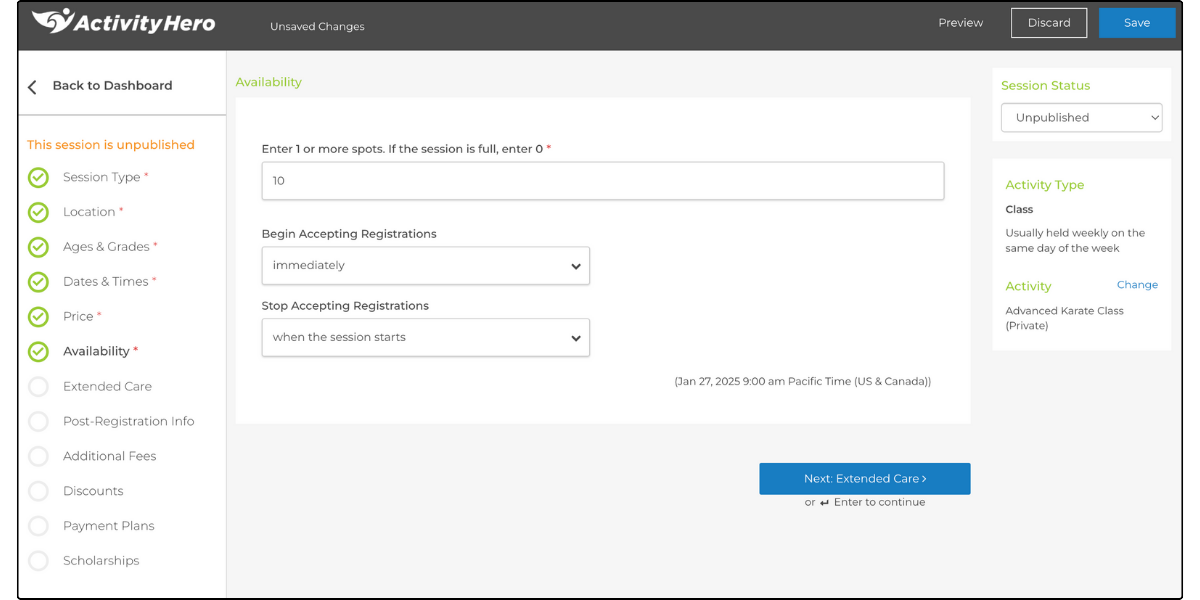 Availability step with the spot count and the registration opening and closing menus
