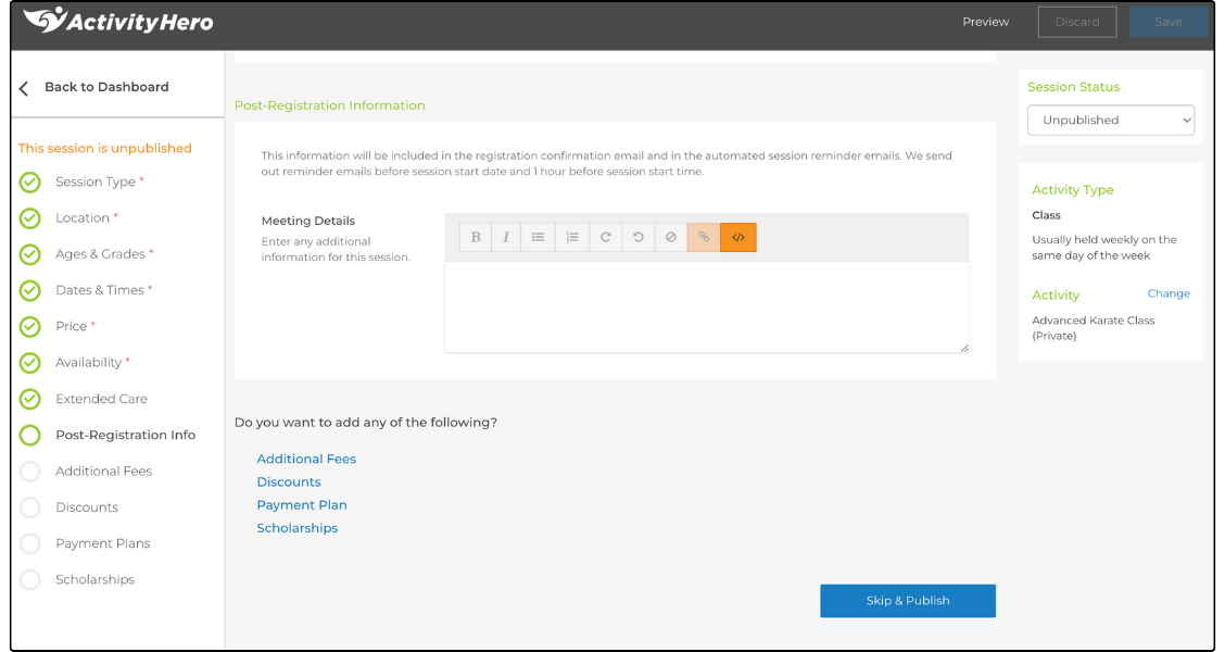 Post-Registration Information step with the Meeting Details editor and Skip & Publish