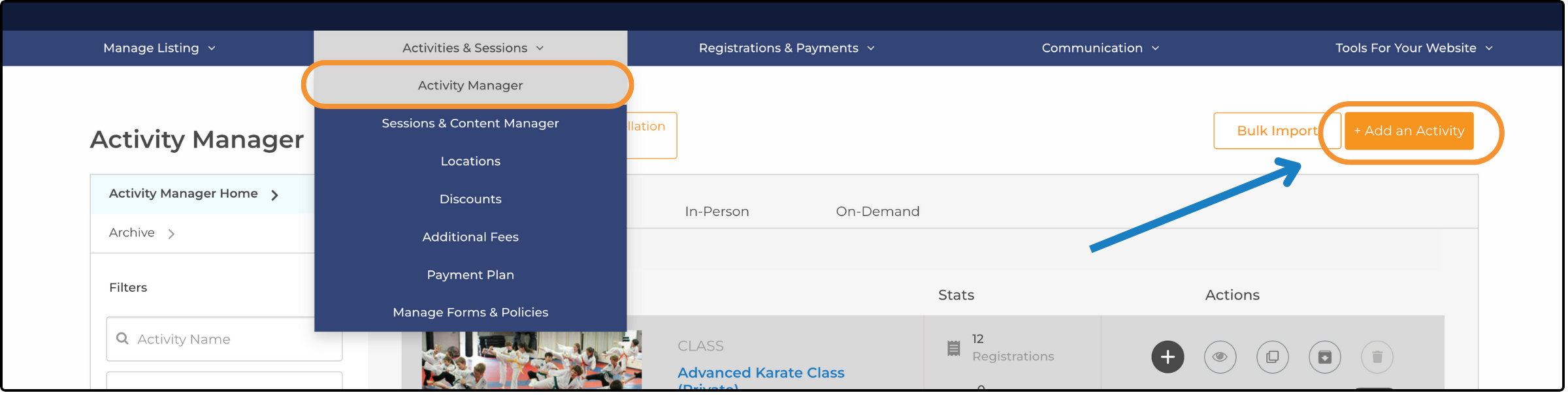 Activity Manager page with the Activities & Sessions menu open and + Add an Activity highlighted