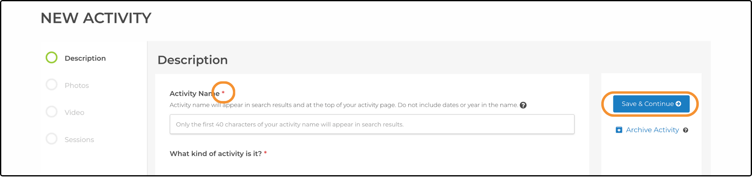 NEW ACTIVITY page Description step with the Activity Name field and Save & Continue highlighted