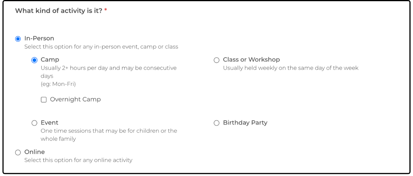 What kind of activity is it? section with In-Person and Camp selected