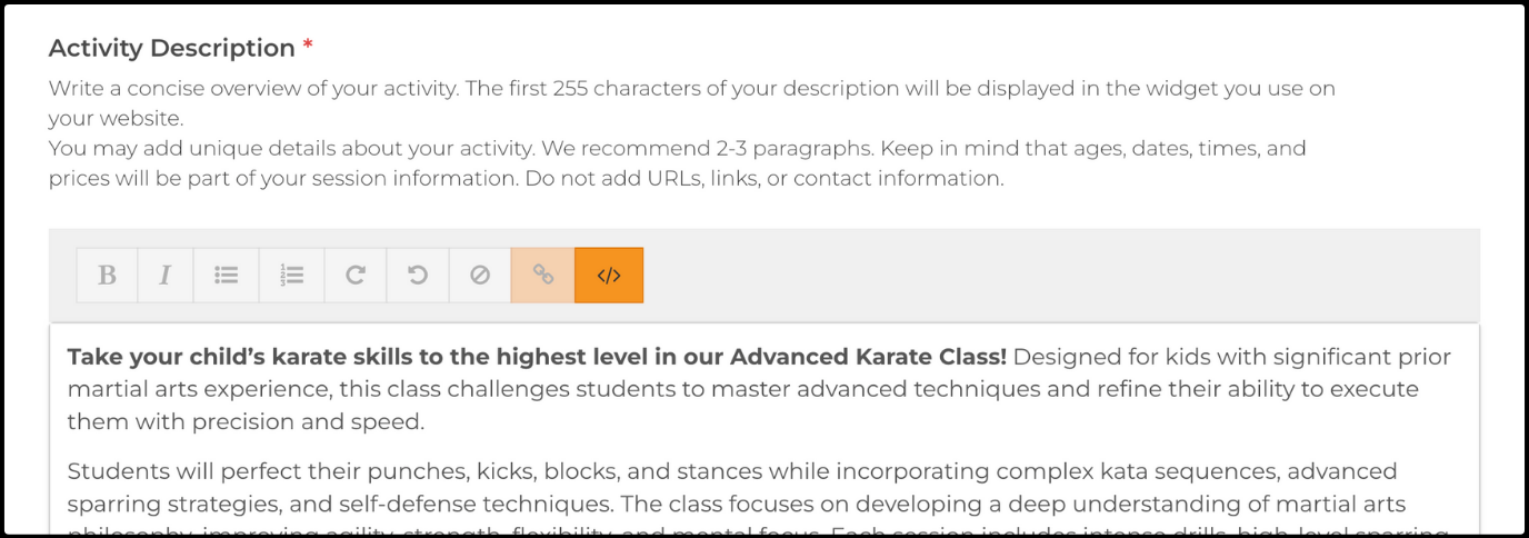 Activity Description editor with a sample class description entered