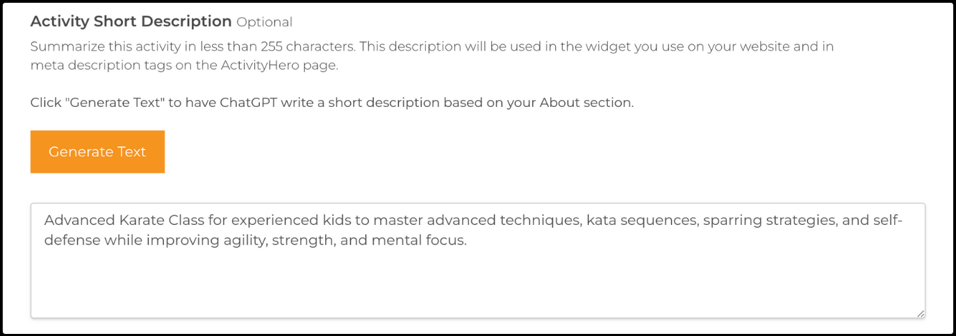 Activity Short Description section with the Generate Text button and a generated summary