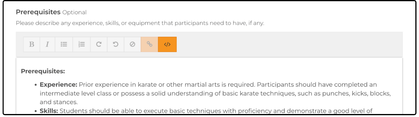Prerequisites editor with a bulleted list of experience and skill requirements