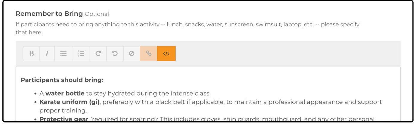 Remember to Bring editor with a bulleted list of items participants should bring
