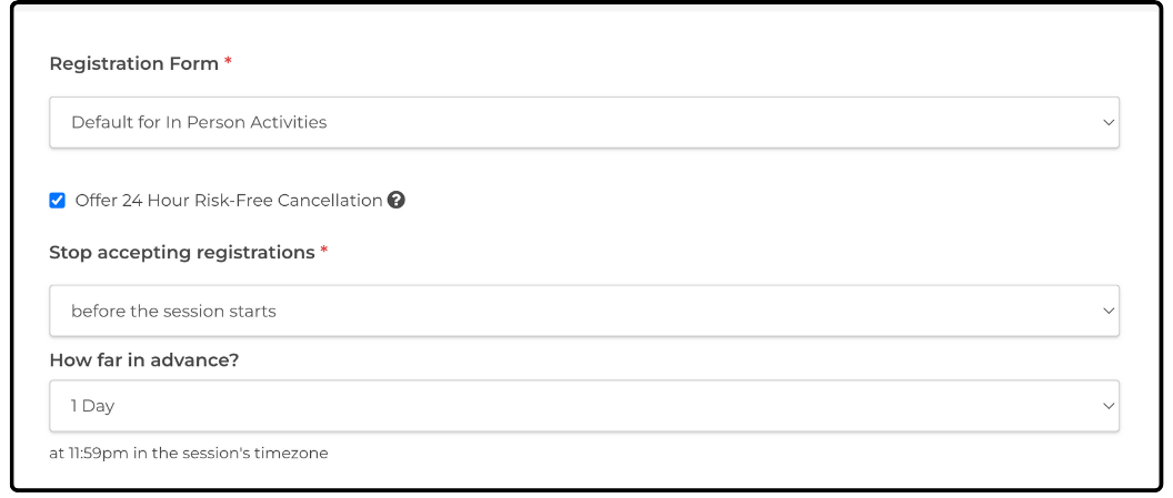 Registration Form section with Offer 24 Hour Risk-Free Cancellation selected