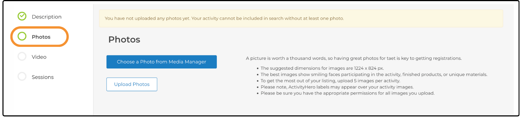Photos step with the Upload Photos button and a no photos uploaded warning
