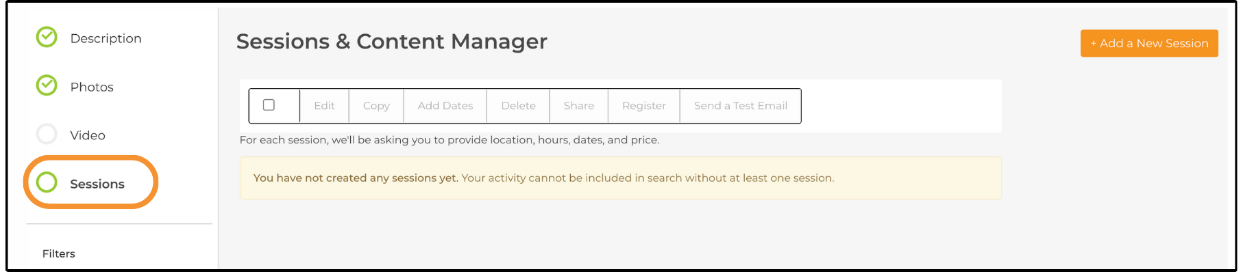 Sessions & Content Manager page with the + Add a New Session button