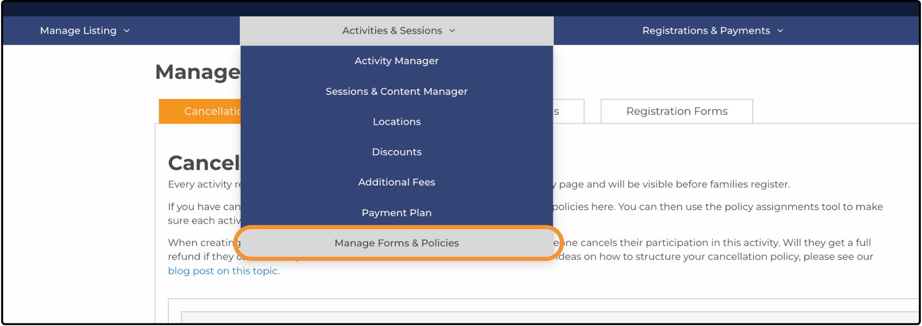 Activities & Sessions dropdown menu with Manage Forms & Policies highlighted