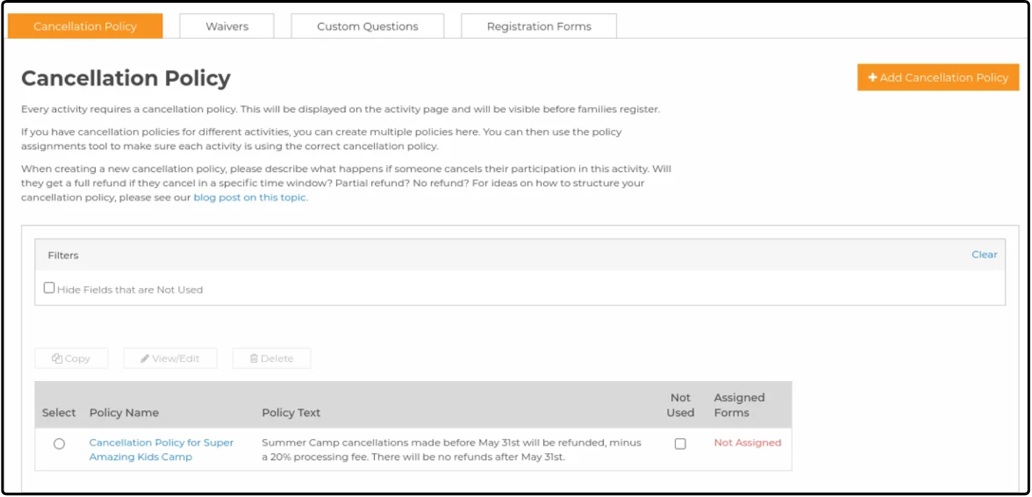 Cancellation Policy tab of Manage Forms & Policies listing one saved policy