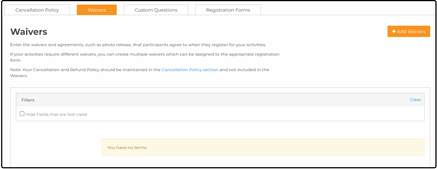 Waivers tab of Manage Forms & Policies with Add Waivers and no terms created yet