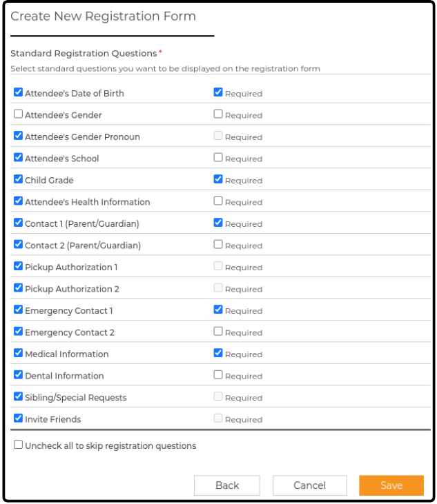Create New Registration Form page with Standard Registration Questions and Required checkboxes
