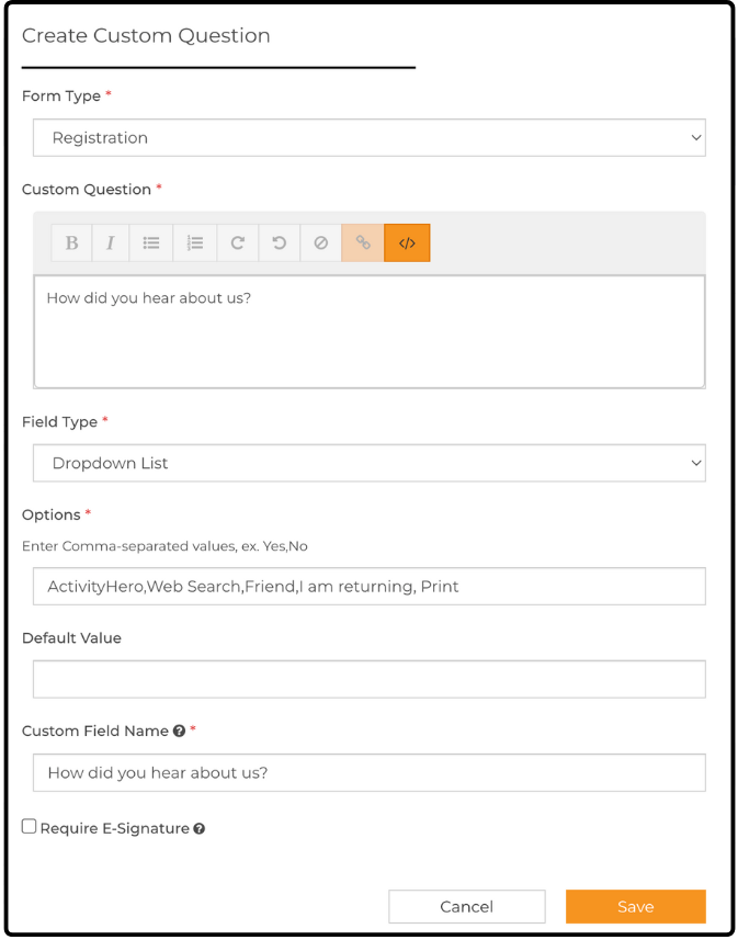 Create Custom Question page with Form Type set to Registration and a Dropdown List field