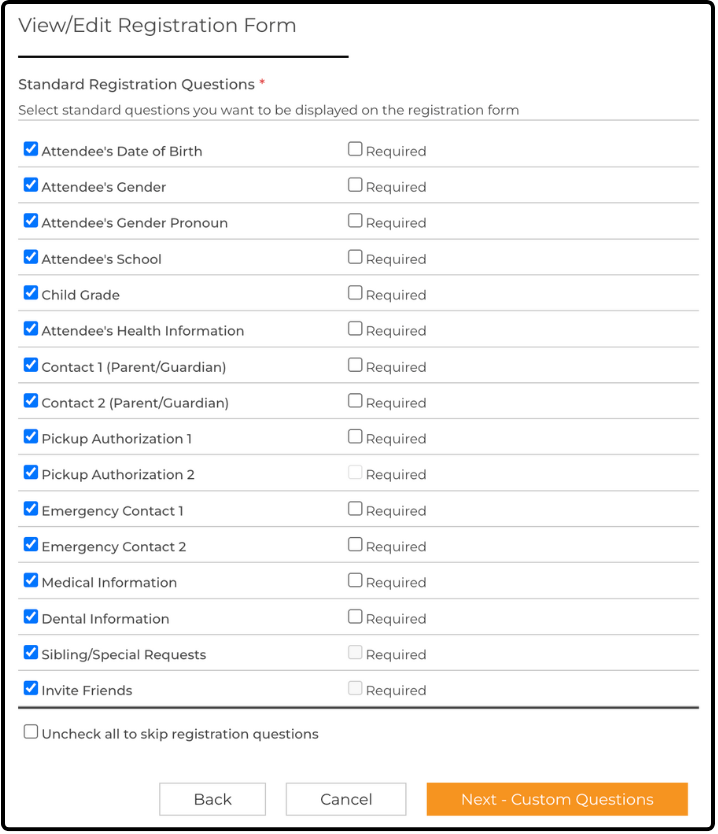 View/Edit Registration Form page with every Standard Registration Question selected