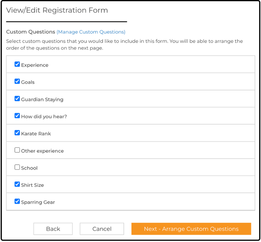 View/Edit Registration Form page listing the Custom Questions available to include