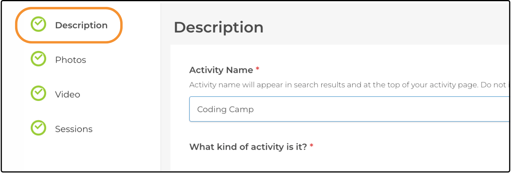 Activity Manager left-side menu with Description highlighted next to the Activity Name field