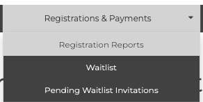 Registrations & Payments menu with Registration Reports highlighted