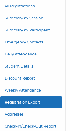 Report list on the left of the page with Registration Export selected