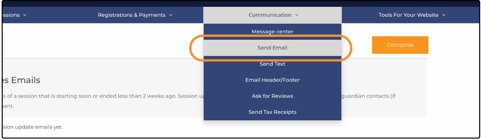 Communication menu open with Send Email highlighted, and the Compose option at the right