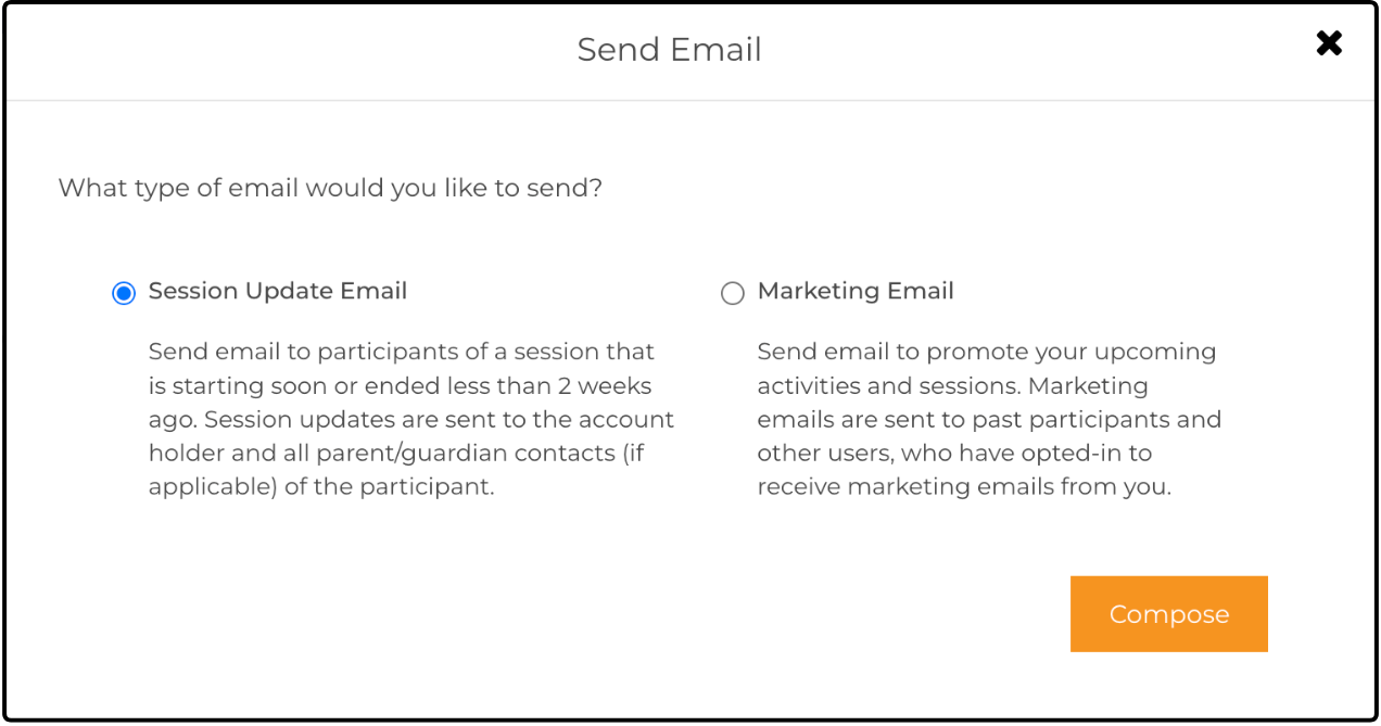 Send Email pop-up offering Session Update Email or Marketing Email, with Session Update Email selected