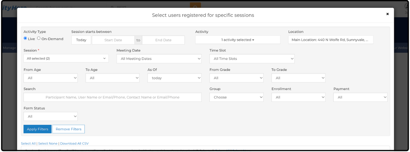 Select users registered for specific sessions dialog with filters and the Apply Filters option