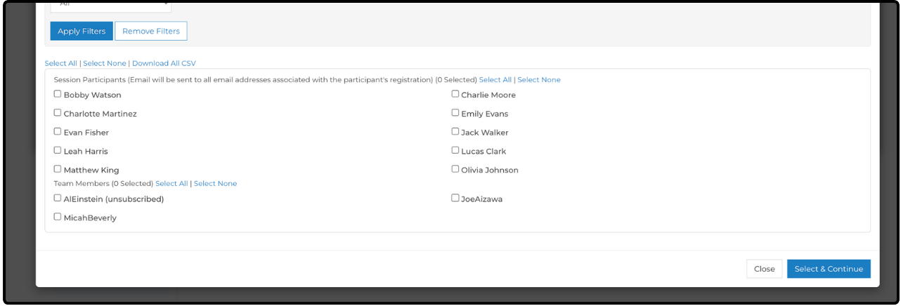 Filtered list of session participants and team members with check boxes and Select & Continue