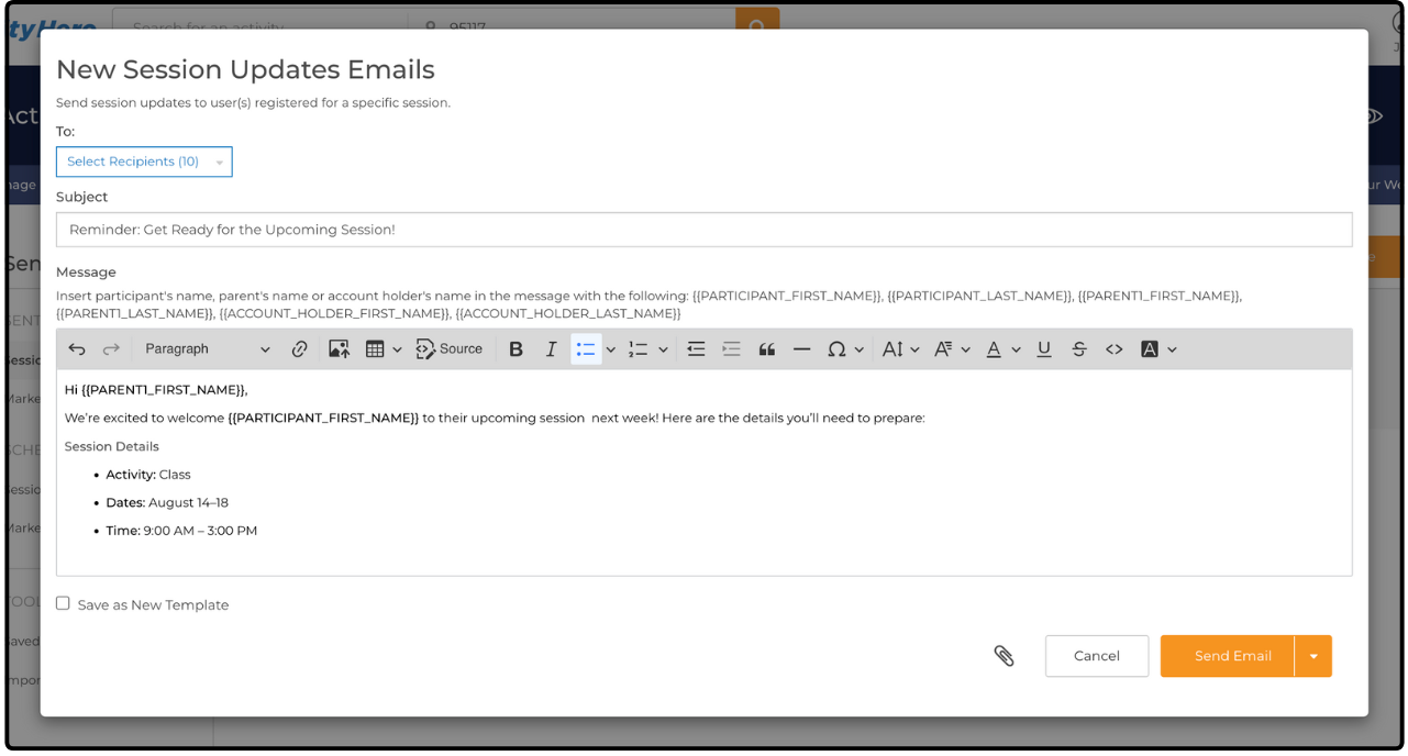 New Session Updates Emails dialog with recipients, subject, and a message using dynamic fields