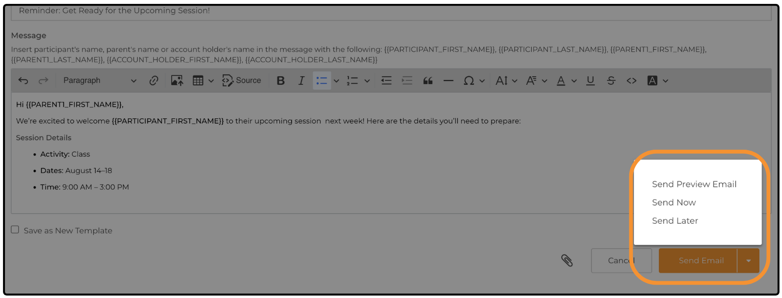 Send Email menu expanded to show Send Preview Email, Send Now, and Send Later