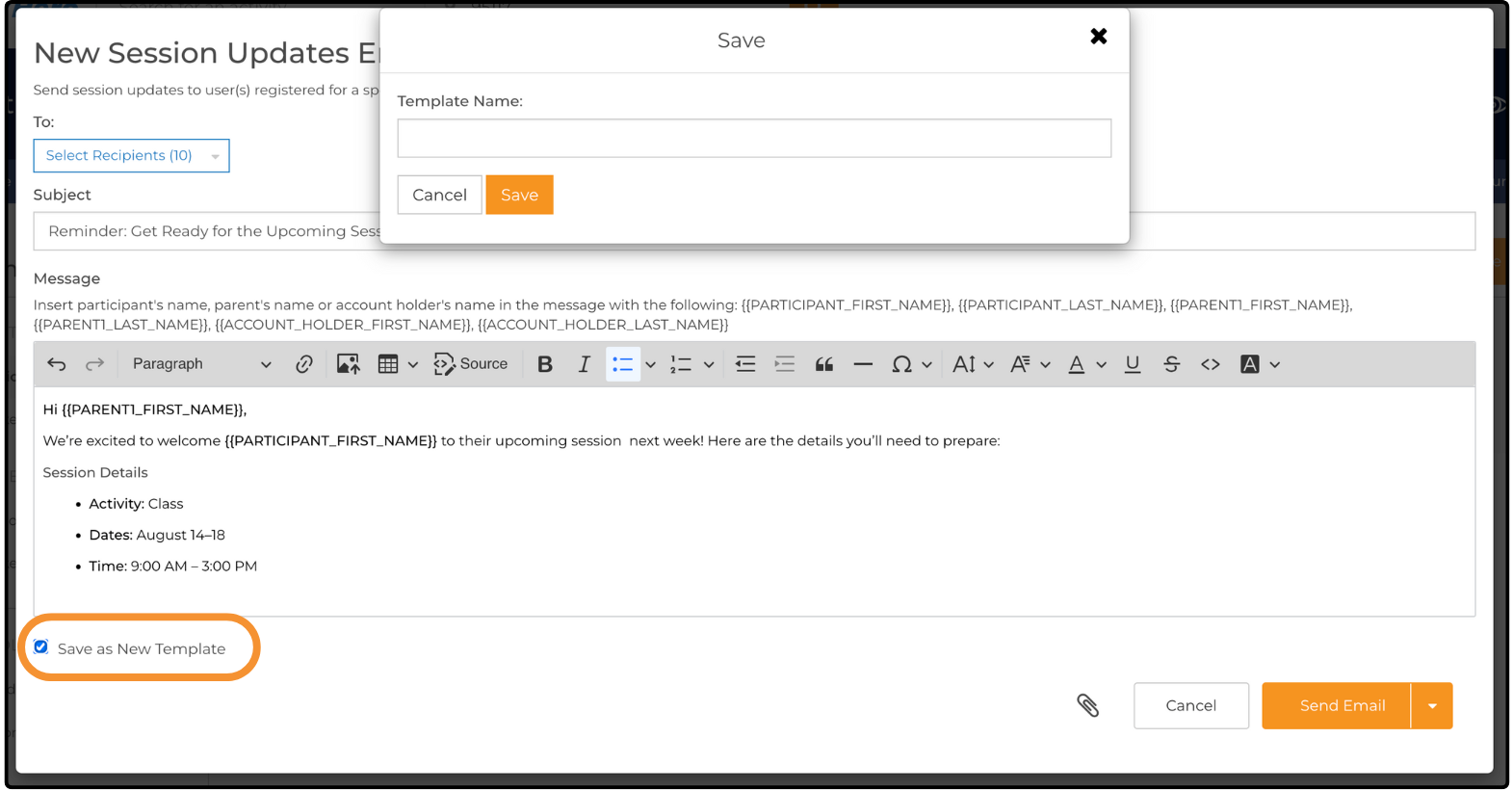Save as New Template selected, with the Save dialog prompting for a Template Name