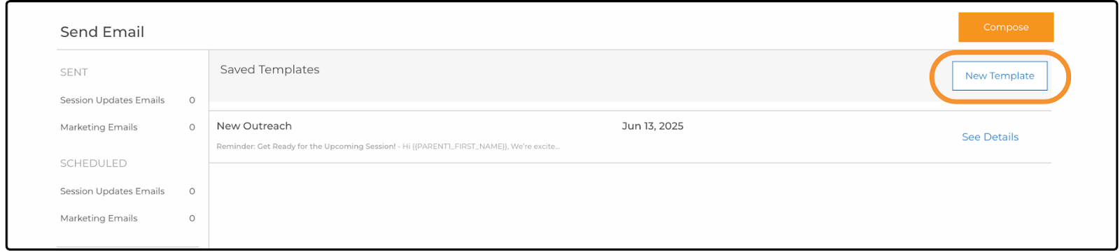 Send Email page showing the Saved Templates list and the New Template option