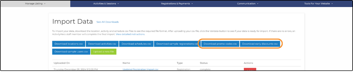 Import Data page with the Download promo codes csv and Download early discounts csv options highlighted