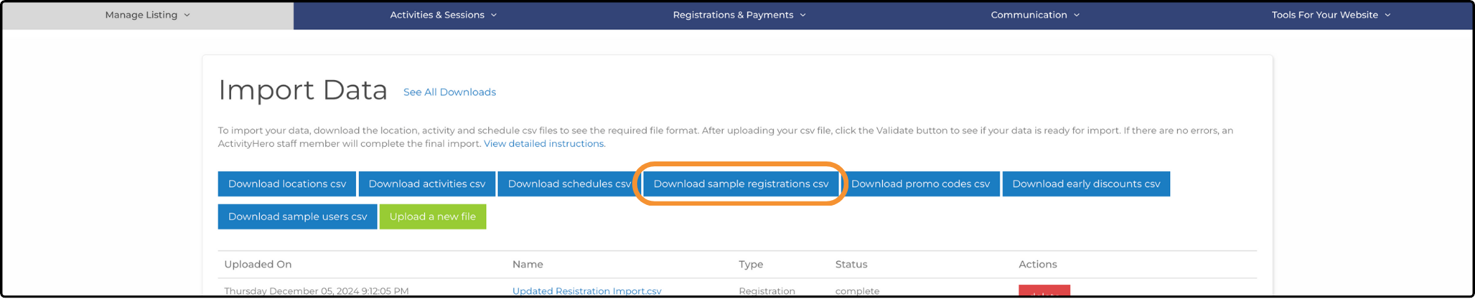 Import Data page with Download sample registrations csv highlighted