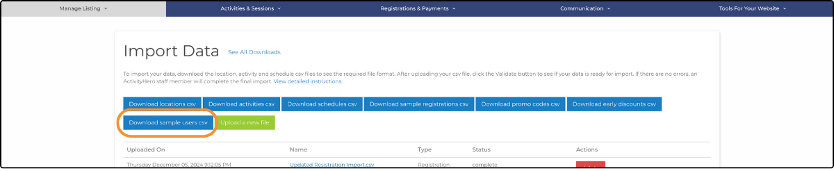 Import Data page with the Download sample users csv option highlighted