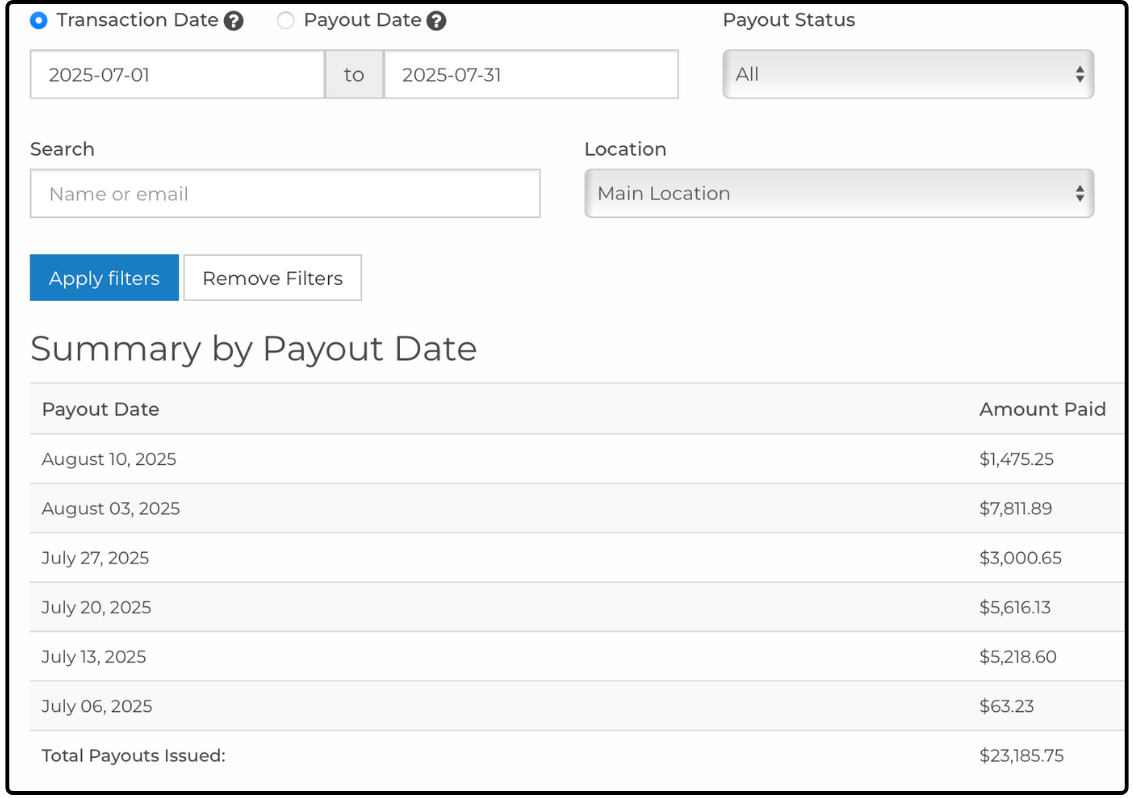 Payment Report filters above the Summary by Payout Date table of amounts paid