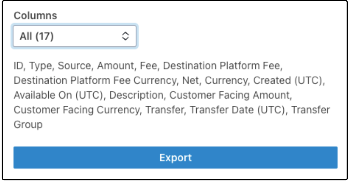 Stripe export panel with Columns set to All and the Export option