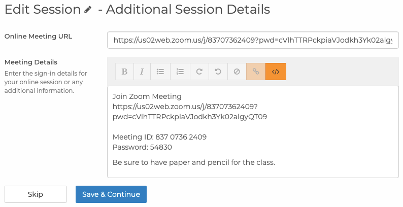 Edit Session - Additional Session Details page with Online Meeting URL and Meeting Details filled in