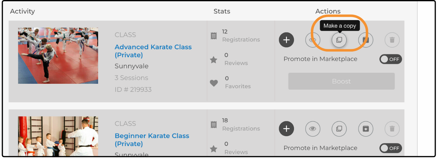Activity Manager row with the Make a copy icon highlighted in the Actions column
