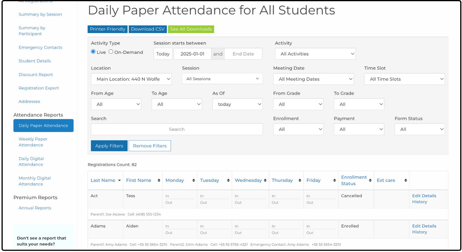 Daily Paper Attendance for All Students report with filters and the printable roster