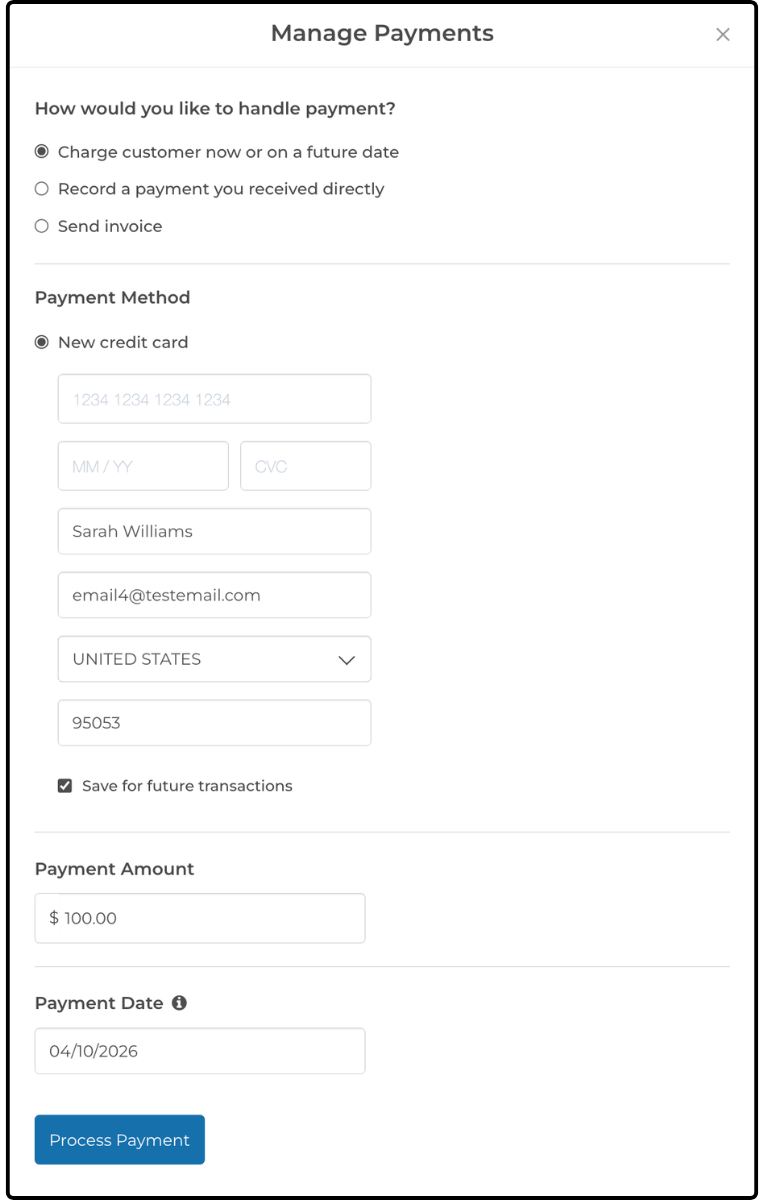 Manage Payments dialog with New credit card fields, Payment Amount, and Payment Date