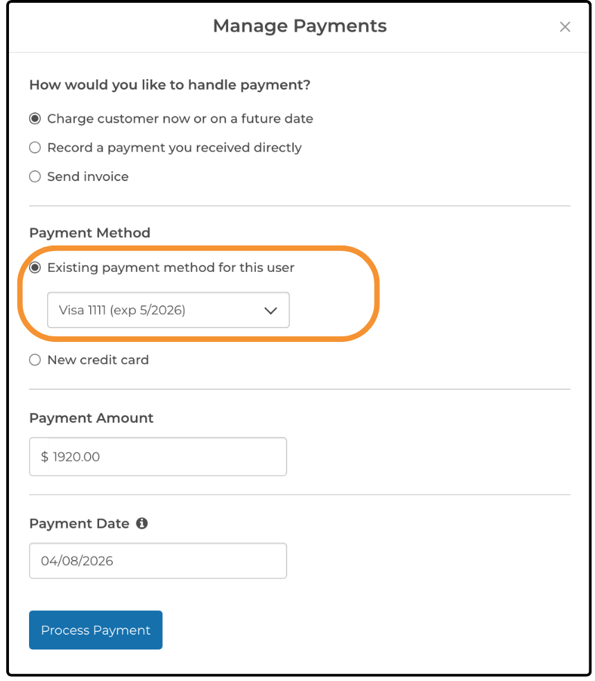 Manage Payments dialog with Existing payment method for this user selected and a saved card