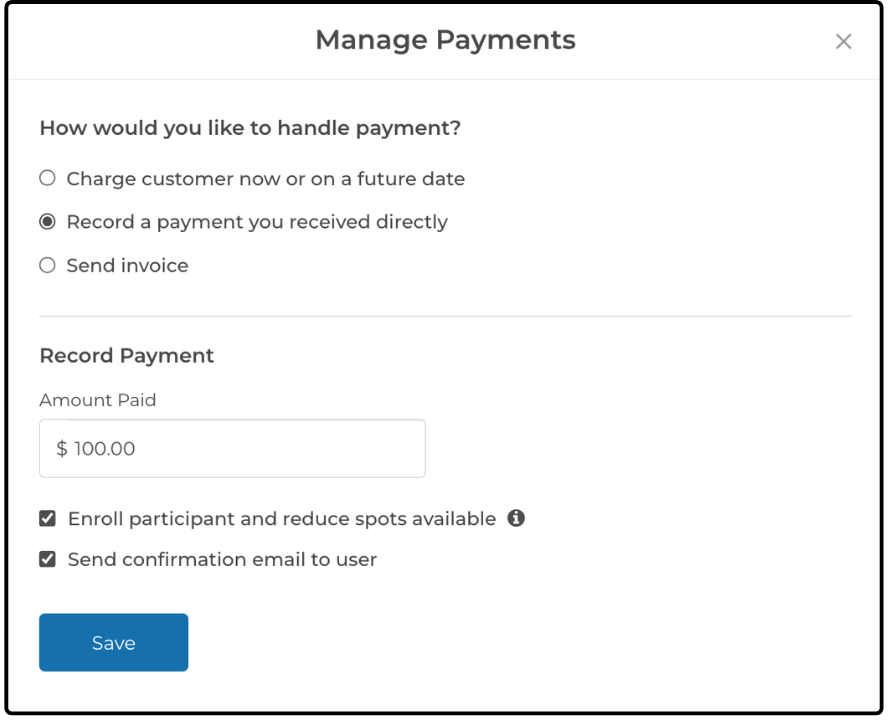 Manage Payments dialog with Record a payment you received directly selected