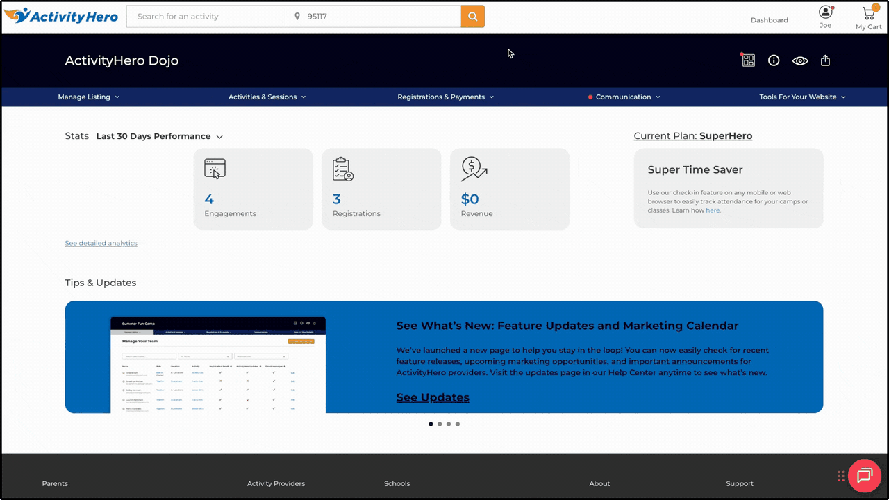 Animated walkthrough filtering the Registration Reports page and moving a participant to another session