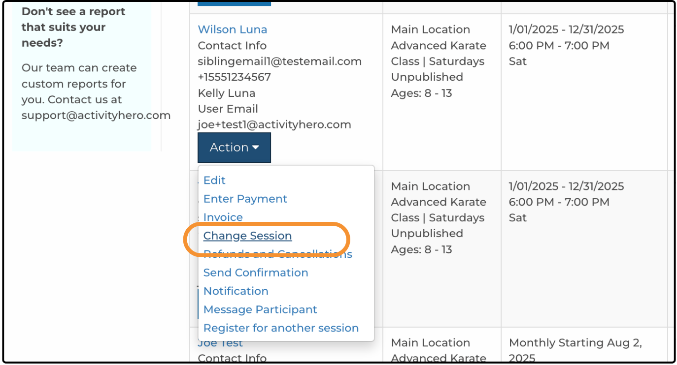 Action menu open on a registration row with Change Session highlighted