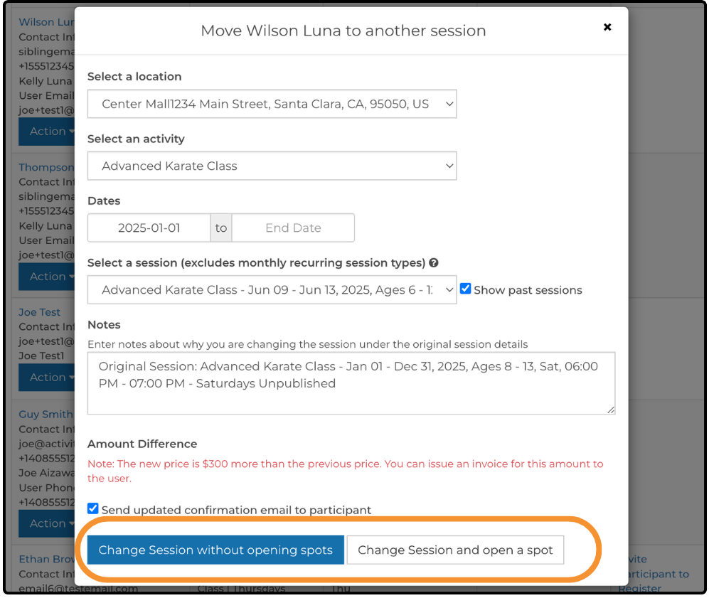 Move participant to another session dialog with both Change Session options highlighted