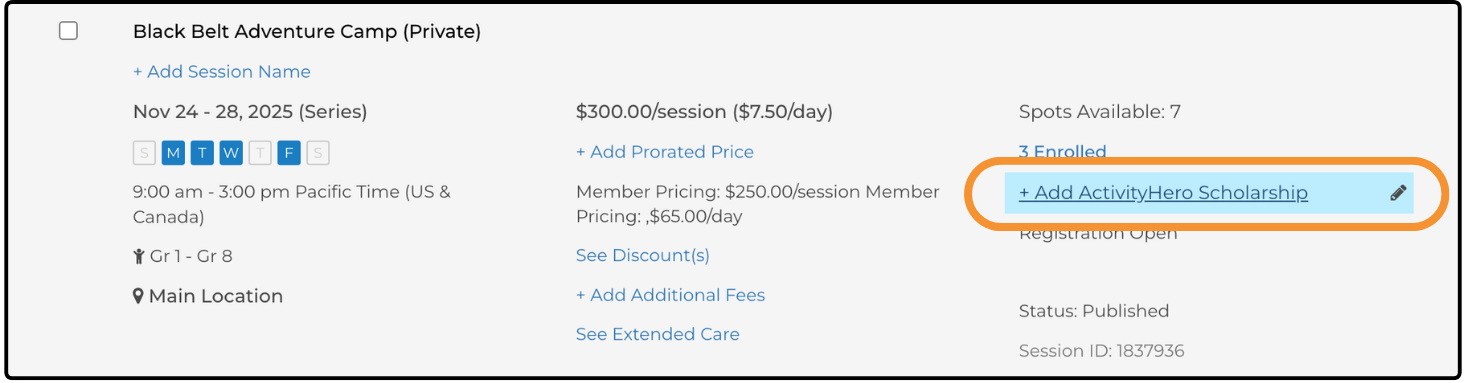 Session in Sessions & Content Manager with + Add ActivityHero Scholarship highlighted
