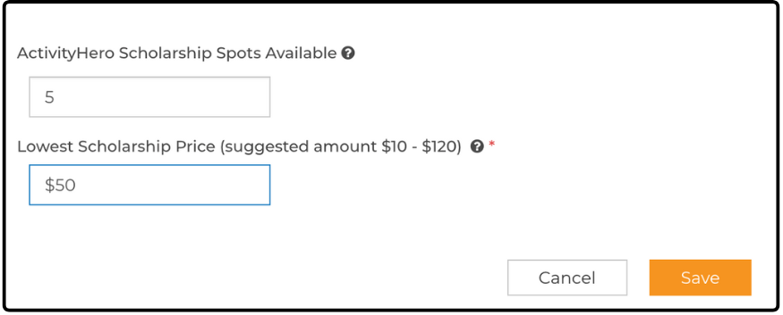 ActivityHero Scholarship Spots Available and Lowest Scholarship Price fields with Save